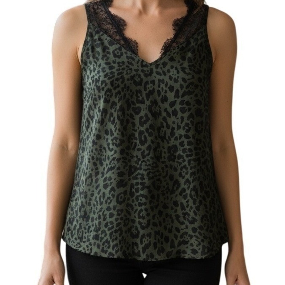 EXPRESS Army Green & Black Leopard Print Lace Trim Sleeveless Tank Top NWOT XS